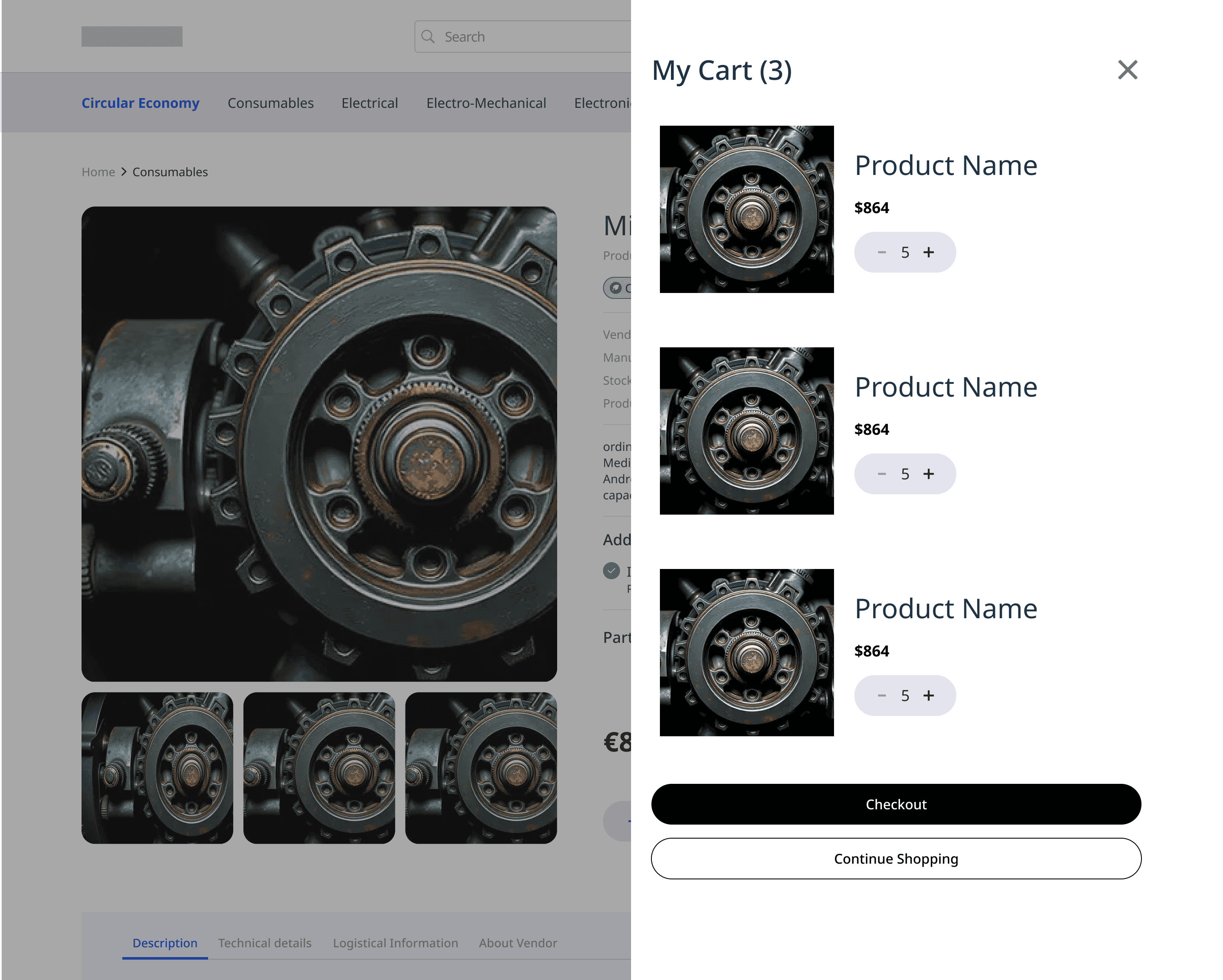 Product detail page with cart drawer open