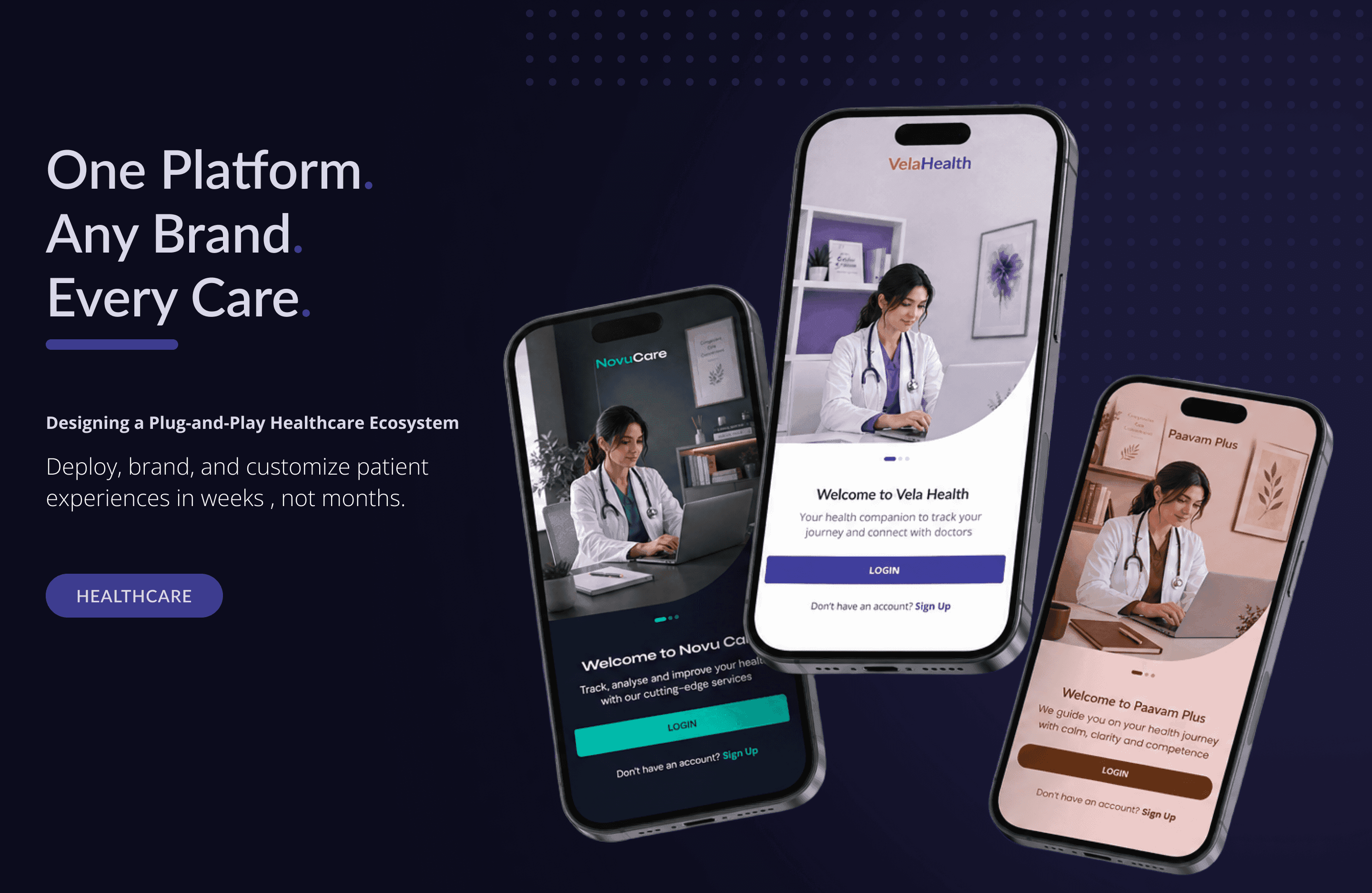 Vela Health platform cover: one plug-and-play app rebranded as three different white-labeled healthcare products