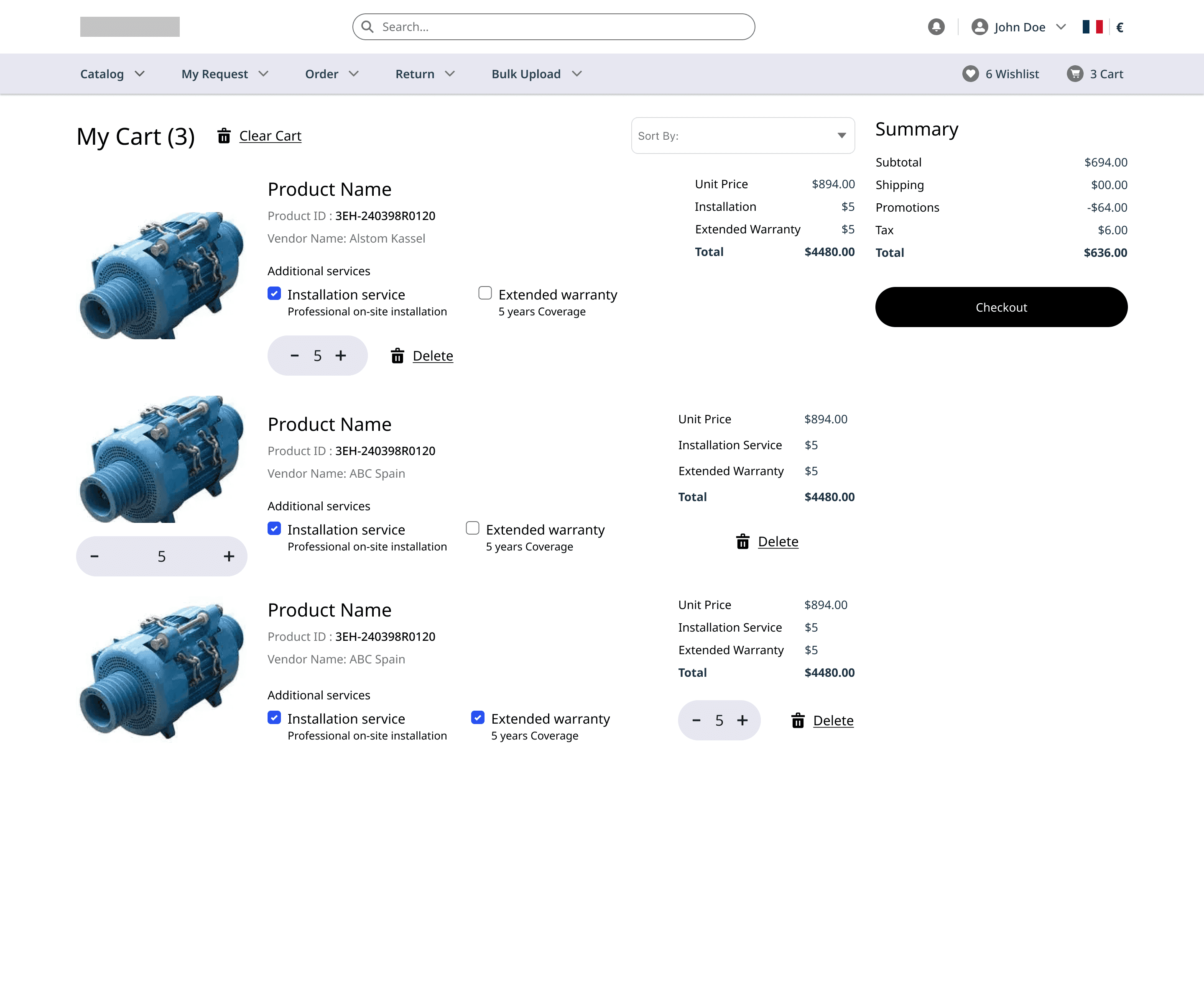 Cart page with per-seller line items, add-on services, and a persistent order summary